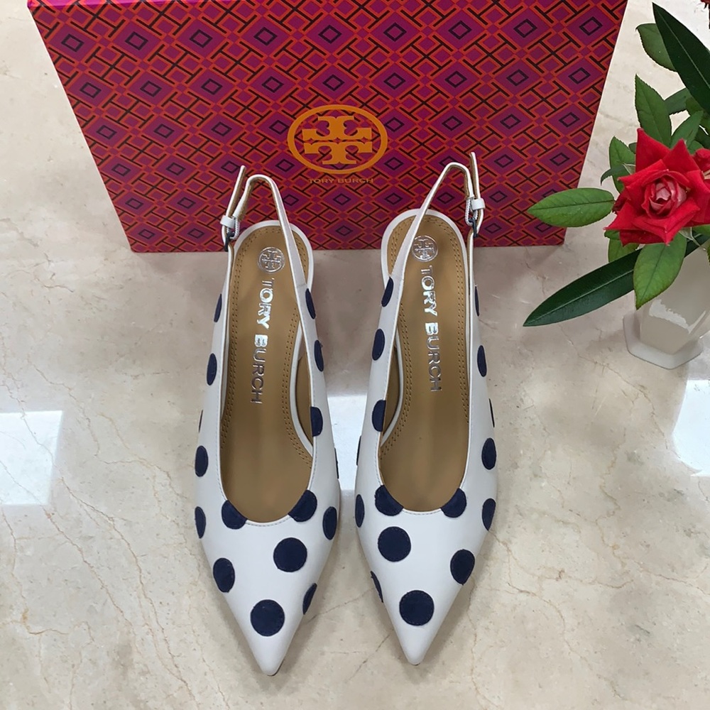 TORY BURCH LEATHER SLINGBACK PUMP IVORY LEATHER SUEDE DOTS MADE IN 🇧🇷 7 1/2, 8